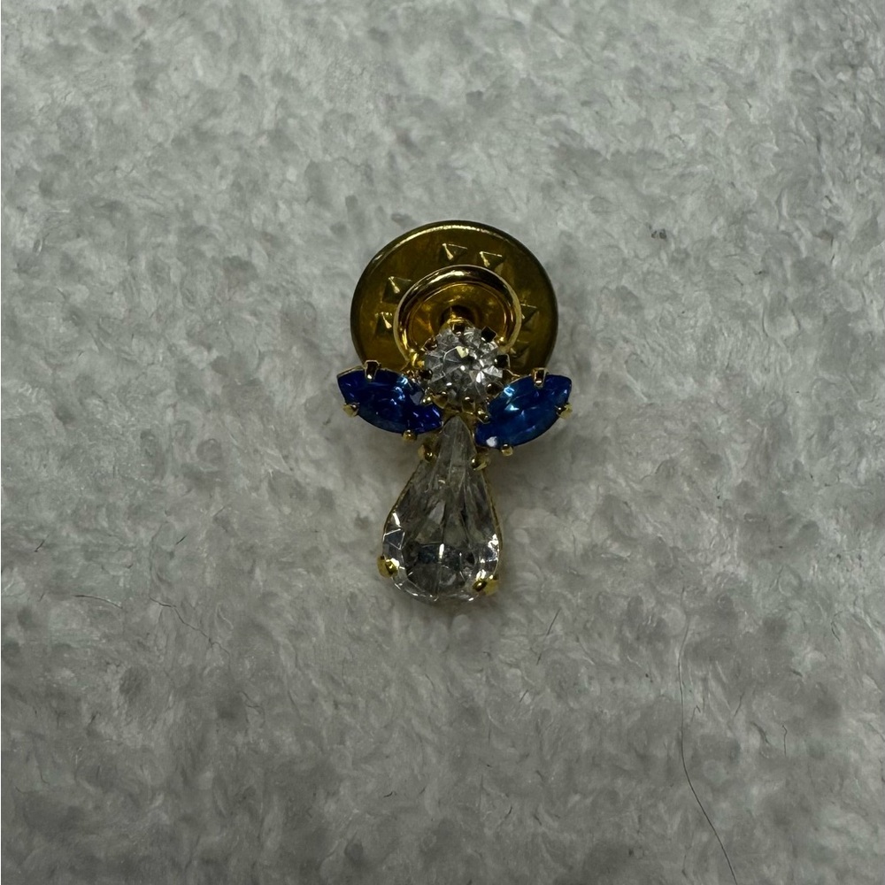 Vintage White & Blue Jeweled Angel With Gold Tone Halo Lapel Hat Pin